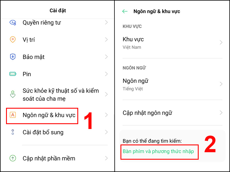 Chọn Bàn phím và phương thức nhập